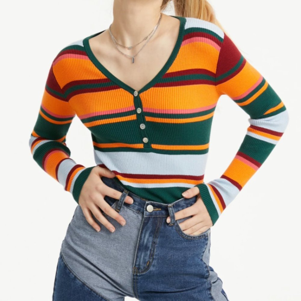 Cider V-Neck Stripe Knitted Tee NWT